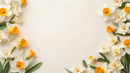 Elegant daffodil border with bright blooms and soft pastel green leaves on a light cream background in a symmetrical arrangement