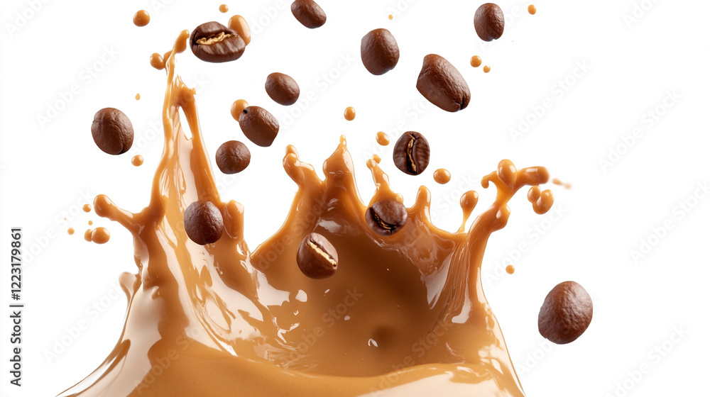 Poster coffee splash with roasted beans creates dynamic visual effect in bright background