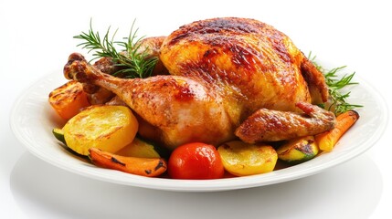 A roasted chicken served on a platter with assorted vegetables and herbs.