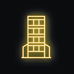 Glowing neon line multi storey building with a facade and entrance glowing on a black background