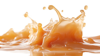 A close-up image shows a dynamic splash of caramel liquid against a stark black background highlighting its rich texture and color.