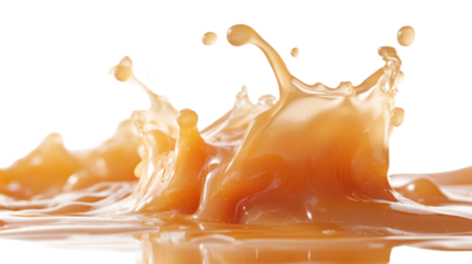 A close-up image shows a dynamic splash of caramel liquid against a stark black background highlighting its rich texture and color.