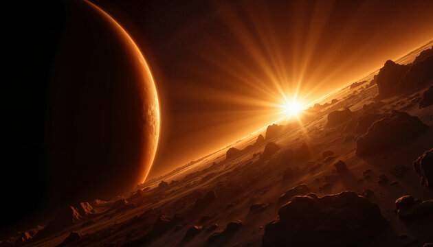 Distant solar wind effect on Venus exosphere at sunrise, cosmic beauty