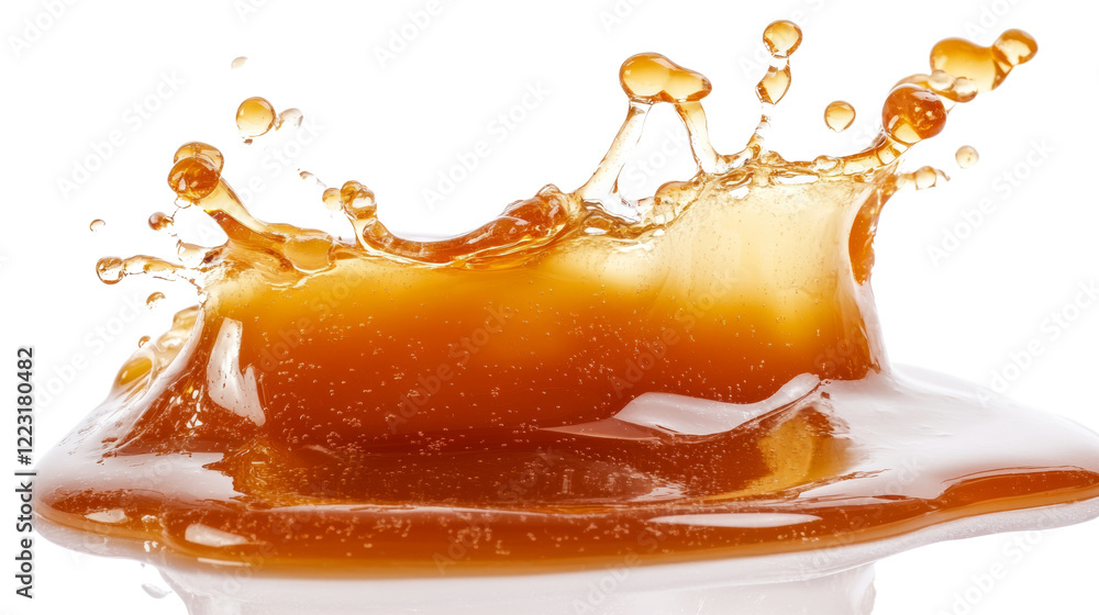 Poster a dynamic splash of an amber-colored liquid, possibly honey or caramel, creates a crown-like shape a