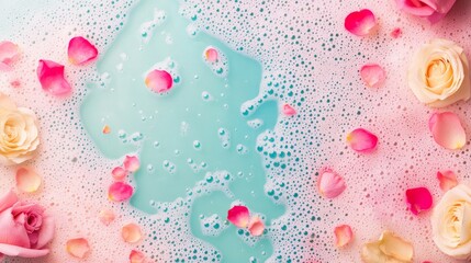 Luxurious bath experience with rich suds and iridescent bubbles amidst rose petals and elegant bath products