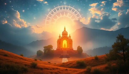 Fototapeta premium Golden Temple Sunrise Majestic Mountain Landscape