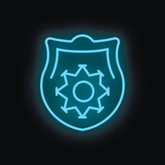 Blue neon police badge glowing on black background representing law enforcement and security