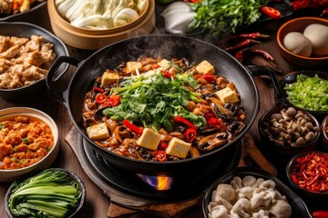 Vibrant traditional Chinese cooking station with colorful ingredients being stir-fried over high flames