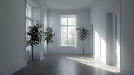 Fototapeta premium Sunlit Room with White Walls and Herringbone Floor