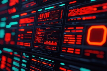 Obraz premium A vibrant digital interface displaying red and blue data visualizations, resembling a futuristic control panel or dashboard.