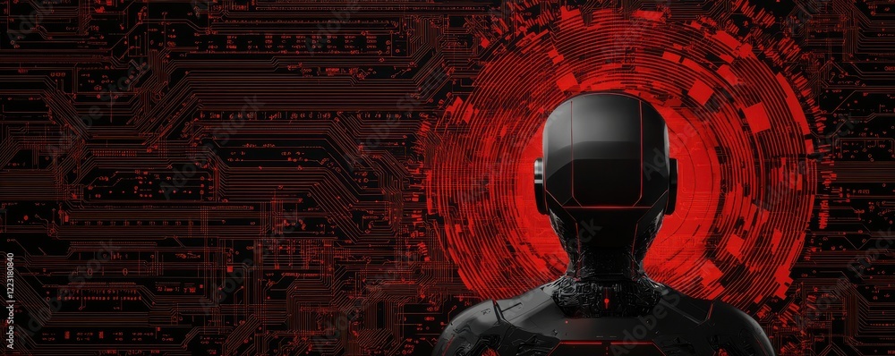 Poster a futuristic robot figure stands against a backdrop of intricate circuitry, illuminated by a strikin