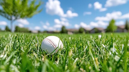 Baseball resting in green grass, suburban background, sunny day, ideal for sports websites