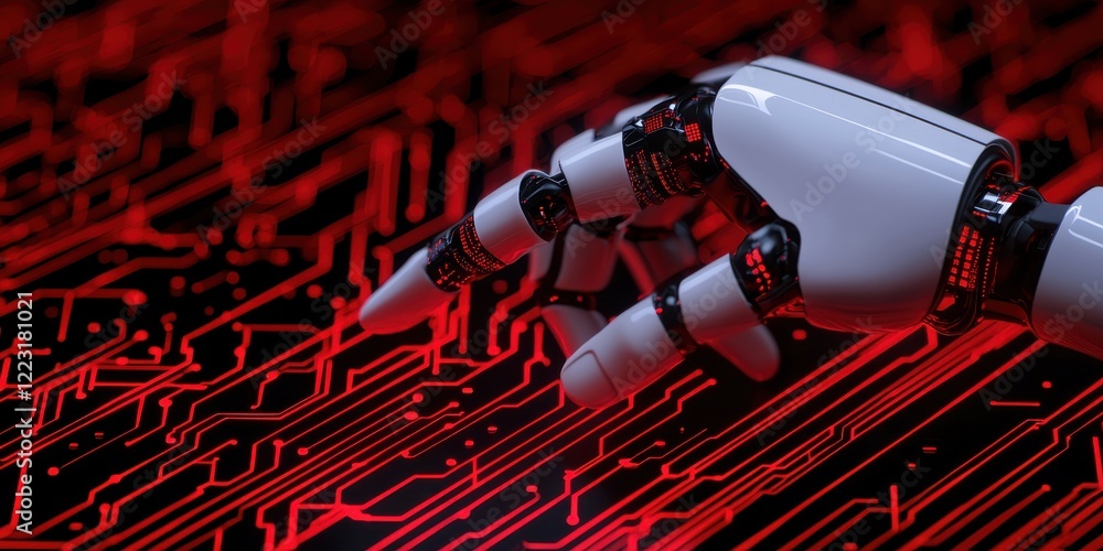 Poster a robotic hand hovers above a red circuit board, emphasizing the intersection of technology and arti