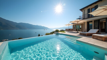 Fototapeta premium Luxurious villa with an infinity pool overlooking a serene lake and majestic mountains. Bask in the sun, enjoy tranquility, and indulge in breathtaking panoramic views.