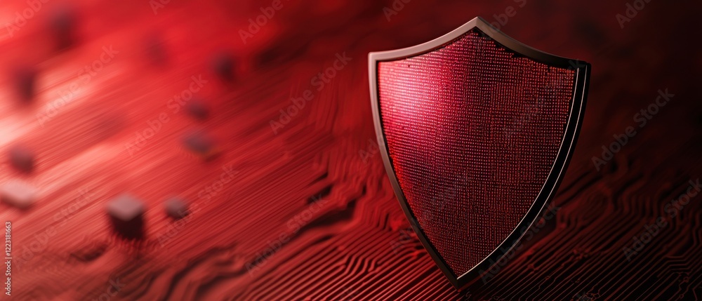 Poster a close-up of a red shield on a textured surface, symbolizing protection and security with a dramati