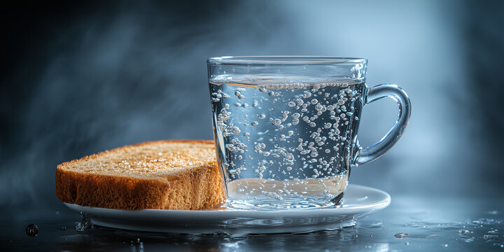 Glass of sparkling water with bubbles and slice of toasted bread on white saucer, promoting hydration