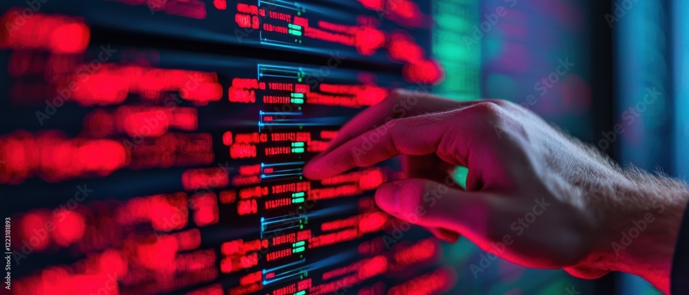 Poster a hand interacts with a digital display featuring vibrant red and green data lines, suggesting a foc