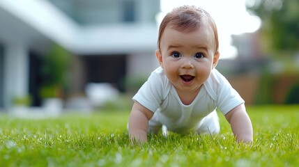 Happy baby crawling on grass in garden, home background.  Use Baby product ads