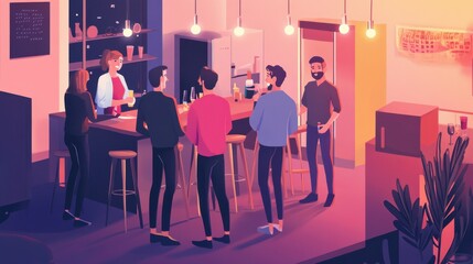 Group of young adults socializing at a modern bar with ambient lighting