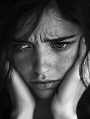 Fototapeta premium Young woman showing concern holding her face with hands, black and white portrait
