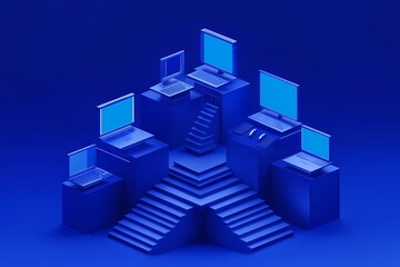 Obraz premium 3D isometric view of blue stairs and computer screen on a dark royal