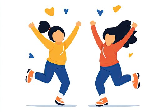 Two joyful girls celebrating with raised arms, surrounded by colorful hearts and a cheerful background