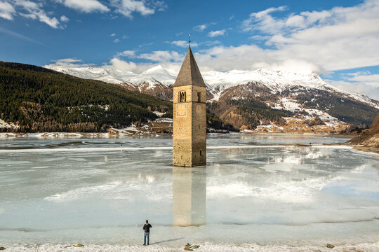Flooded church tower in Lake Reschen (Reschensee) in South Tyrol