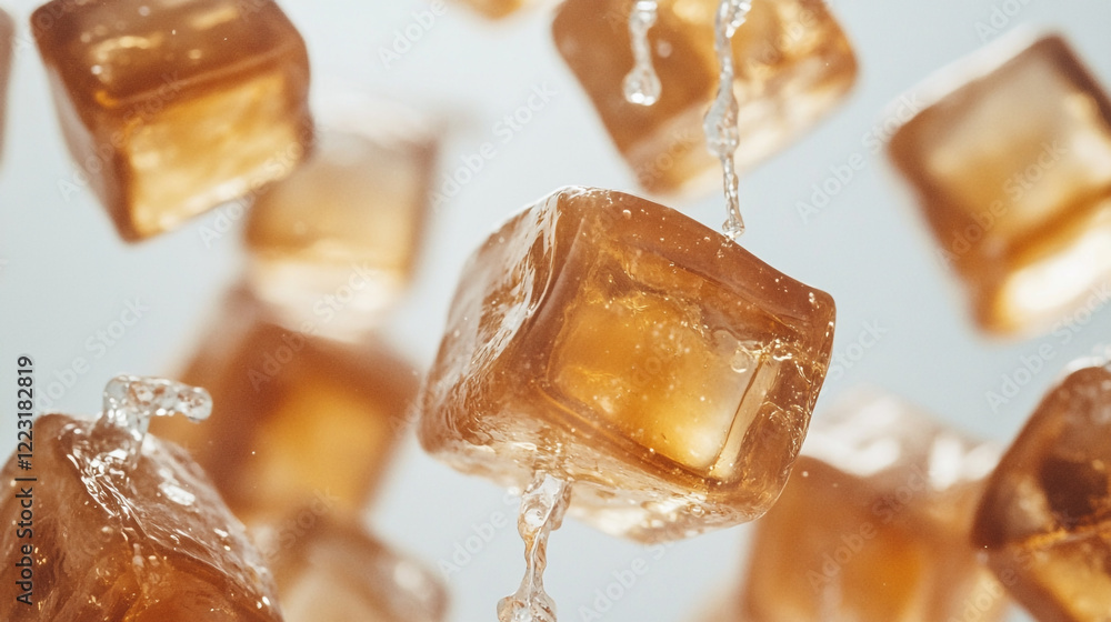 Poster droplets of liquid cascade around falling ice cubes in a refreshing display