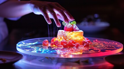 Fototapeta premium Envision a holographic dessert projection hovering above a plate, with interactive elements and changing patterns based on motion.