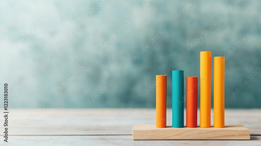 Poster colorful bar graph representing data analysis and growth trends on a wooden surface against a soft b