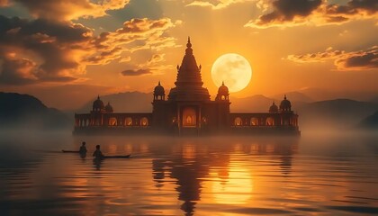 Majestic Temple Sunset Over Calm Water