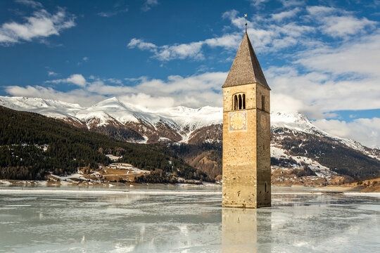 Flooded bell tower in Lake Reschen (Reschensee) in South Tyrol