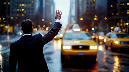 Obraz premium Businessman in a suit hailing a taxi in busy urban street at night - urban transport concept