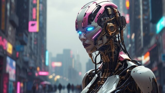 A futuristic, humanoid robot with glowing blue eyes and a sleek,