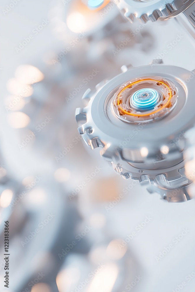 Poster an intricate assembly of metallic gears and robotic components features glowing blue and orange acce