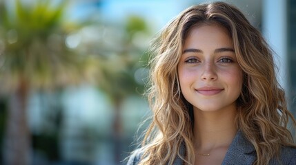 Obraz premium Young woman smiling in a sunny outdoor setting, with palm trees and a blurred background
