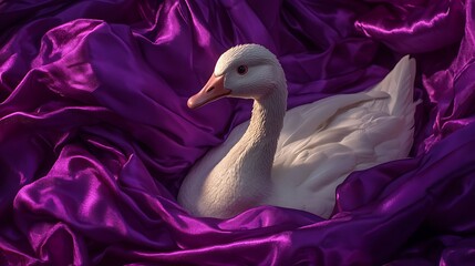 Fototapeta premium A contented mechanical goose receiving a dip and dressed in a silky purple cloth