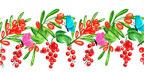 Watercolor illustration, hand drawn seamless border on a white background. Red currant,sea buckthorn, currant, berries, twigs, leaves