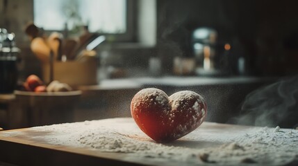 A cooking scene with dust on a shaped like hearts pin to roll