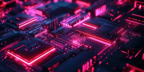 Obraz premium Futuristic digital circuit board with glowing neon elements. Suitable for technology, innovation, and digital art projects.