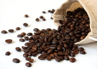 coffee beans pouring out of a wicker bag, on a white background