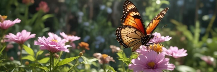 Fototapeta premium Butterfly sipping nectar from a small flower in a garden, natural world, insect photography, small flowers