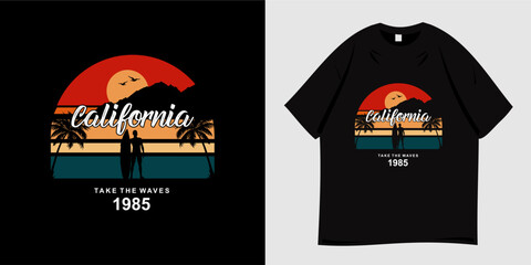 Surfing graphic t-shirt design. Summer clothing vector illustration with palm tree silhouette, sports, waves, beach and sun symbol. Ready to print for t-shirt, apparel, tee, clothing and fashion.