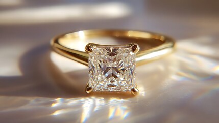A detailed view of a big square cut diamonds set into a gold band