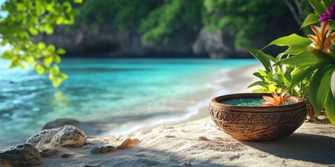 Serene tropical beach scene featuring a decorative bowl with flowers, perfect for wellness, spa, or travel promotions.