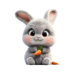 Fluffy 3D Cartoon Bunny Holding a Carrot with Glowing Soft Ears Isolated on Transparent Background