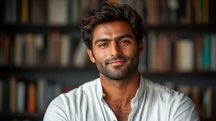 Confident young man smiling in a cozy library setting with books in the background