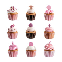Assorted pink and white cupcakes with decorative frosting and toppings, arranged in grid pattern