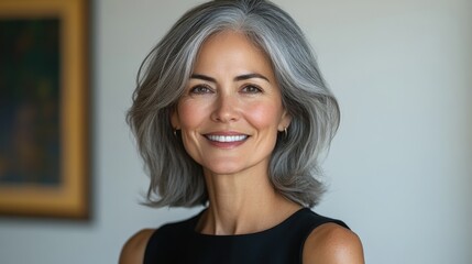 Portrait of a confident woman with gray hair smiling warmly in a well-lit indoor setting