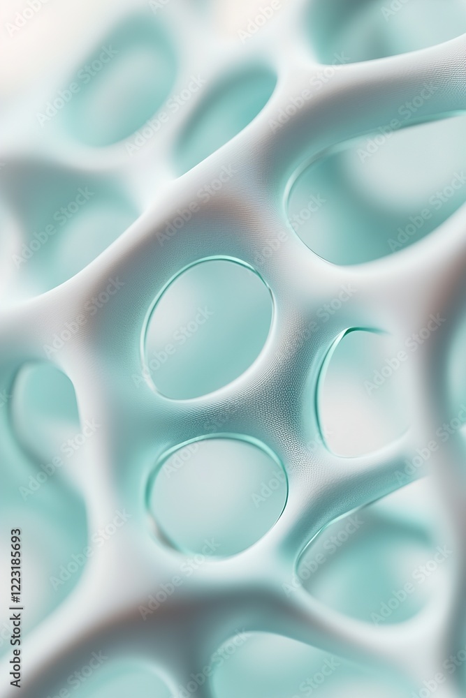 Poster intricate cellular grid features metallic textures that softly glow in neon green and cyan tones, pr